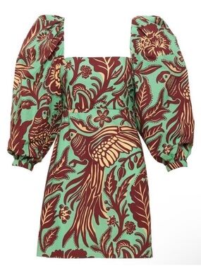 Johanna Ortiz  Golden Temple Mint, Maroon & Cream Puff-Sleeve Mini Dress